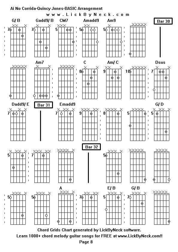 Chord Grids Chart of chord melody fingerstyle guitar song-Ai No Corrida-Quincy Jones-BASIC Arrangement,generated by LickByNeck software.